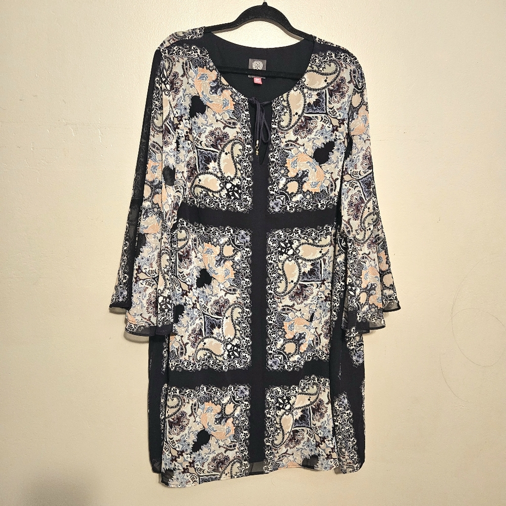 Vince Camuto Navy Blue Abstract Print Midi Dress Size 20W Tansel Tie Neck
